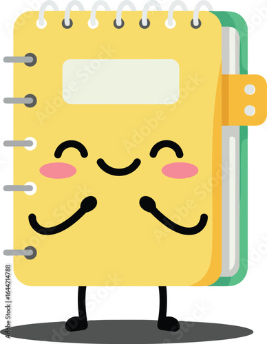 Cute smiling yellow notebook character with spiral binding and pen holder vector illustration 