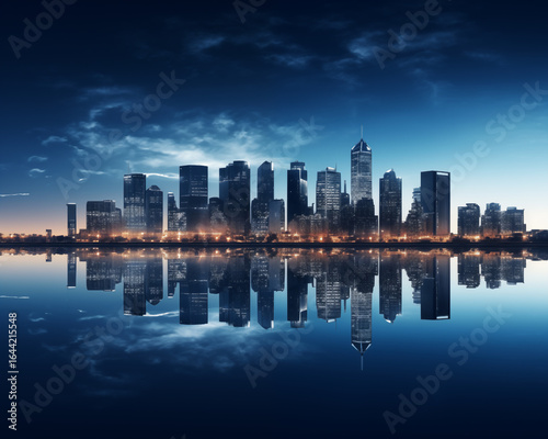 Blue hour city skyline reflected in calm water, modern urban panorama with lights