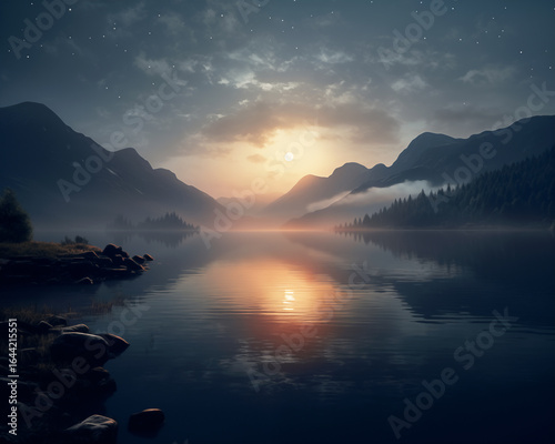Moonlit mountain lake at twilight with mist and calm water reflections