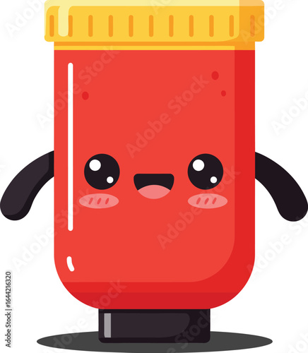 Cute red ketchup bottle with yellow cap cartoon character illustration design