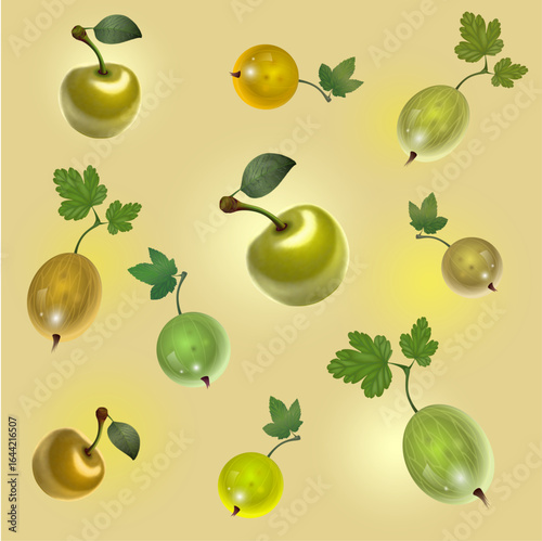 Seamless pattern of tiles with different berries: glossy gooseberries, currants and cherries
on a yellow background