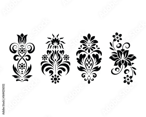 Elegant Floral Designs Four Black Ornamental Elements for Decorative Projects