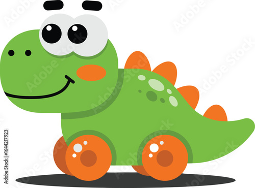 Cute green dinosaur toy with orange wheels and smiling face vector illustration for children and playtime design 