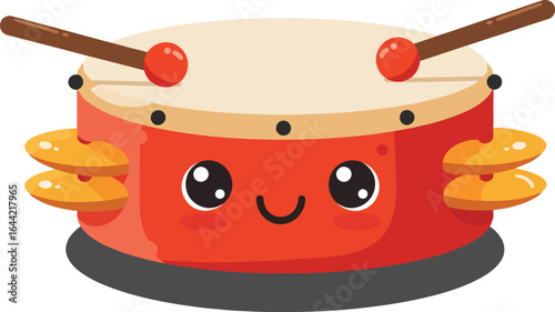 Cute red cartoon drum with smiling face and wooden drumsticks vector illustration for music and children fun 