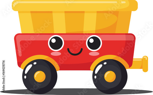 Cute red and yellow toy wagon with smiling face vector illustration for children playtime and fun activities 