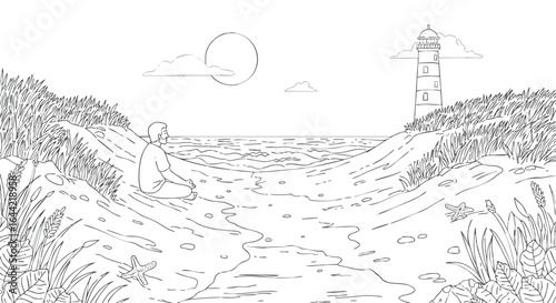 Serene line art illustration of a person meditating on a quiet beach, watching the ocean with a distant lighthouse.
