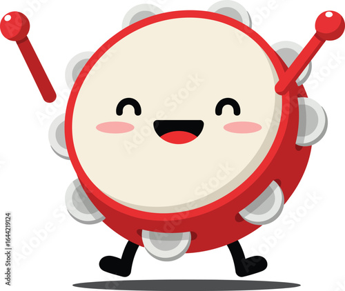 Happy dancing tambourine musical instrument cartoon character with red frame and joyful expression 