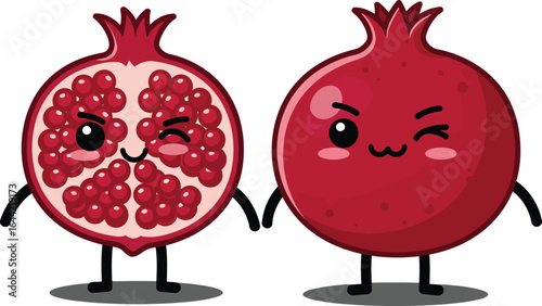 Cute pomegranate fruit characters holding hands with winking facial expressions vector illustration 