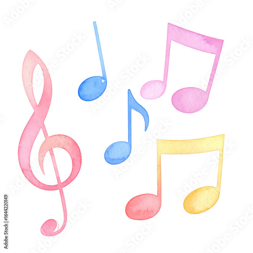 Colorful watercolor musical notes and treble clef symbol illustration on a white background, vibrant music note design for entertainment, art, and music themes