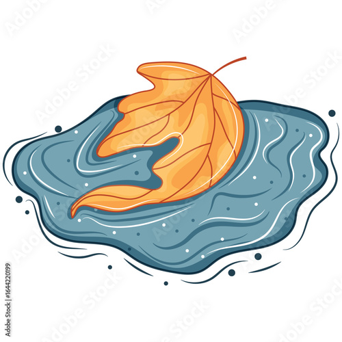 icon of a yellow autumn leaf from under a linden tree lying in a puddle with splashes around it, for autumn printing, packaging or other designs