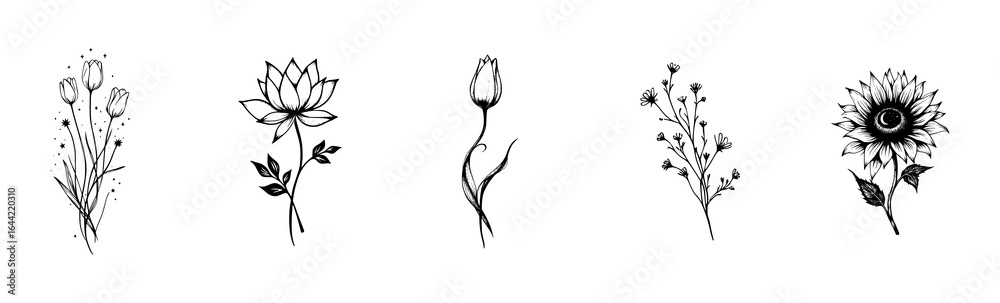 Fototapeta premium Minimalist Surreal Wildflower Graphic Vector Illustration Set