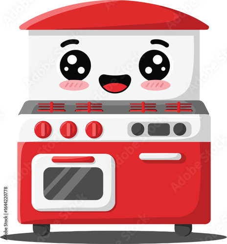 Cute red and white cartoon stove with happy face kitchen appliance vector illustration 