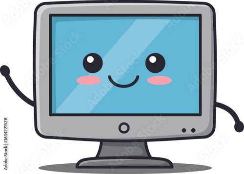 Cute happy computer monitor cartoon character smiling with waving hand vector illustration 