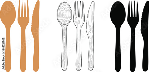 Wooden cutlery set spoon fork knife vector illustration