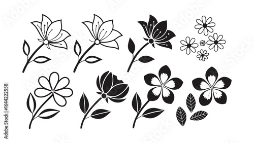 Collection of  vector illustration black silhouette floral icons in various styles,  complex layered petals, lotus shapes, geometric floral patterns, and rounded or pointed designs, easily editable.