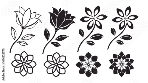 Collection of  vector illustration black silhouette floral icons in various styles,  complex layered petals, lotus shapes, geometric floral patterns, and rounded or pointed designs, easily editable.