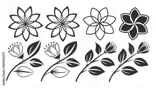 Collection of  vector illustration black silhouette floral icons in various styles,  complex layered petals, lotus shapes, geometric floral patterns, and rounded or pointed designs, easily editable.