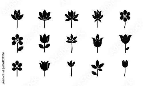 Collection of  vector illustration black silhouette floral icons in various styles,  complex layered petals, lotus shapes, geometric floral patterns, and rounded or pointed designs, easily editable.