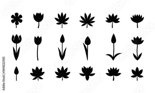 Collection of  vector illustration black silhouette floral icons in various styles,  complex layered petals, lotus shapes, geometric floral patterns, and rounded or pointed designs, easily editable.