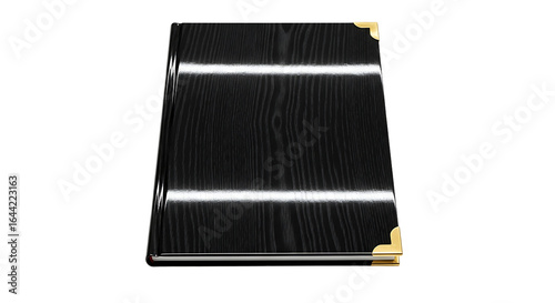 Black wood grain binder with gold corners isolated on a transparent background texture