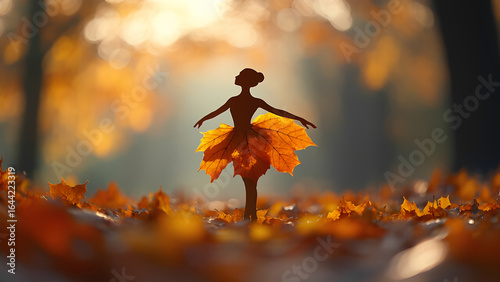 Silhouette of a ballerina made of autumn leaves. concept of autumn leaf fall.