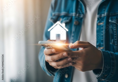 Person holding a smartphone displaying a glowing white house icon symbolizing digital real estate or homeownership