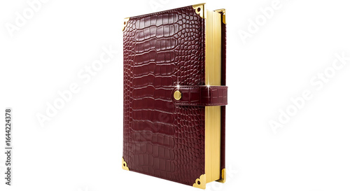 Luxurious embossed leather journal with gold accents isolated on a transparent background burgundy