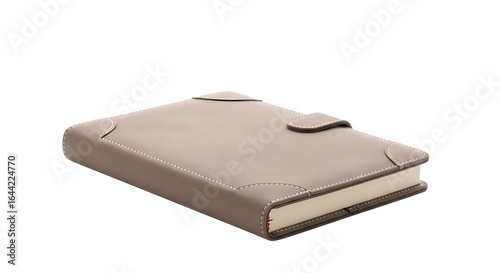 Tan leather journal with white stitching and clasp isolated on a transparent background notebook beige