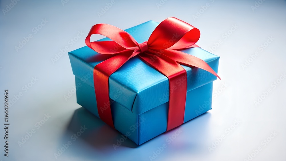 Fototapeta premium Photo of blue gift box with red ribbon and bow, isolated on a light blue background