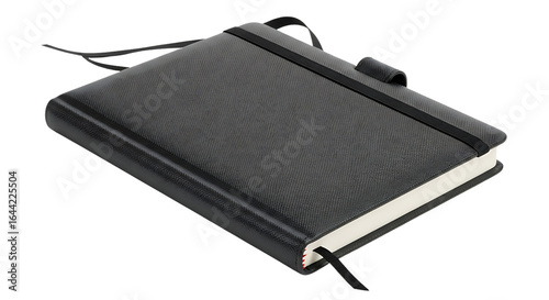 Textured black notebook with elastic closure and bookmark isolated on a transparent background image