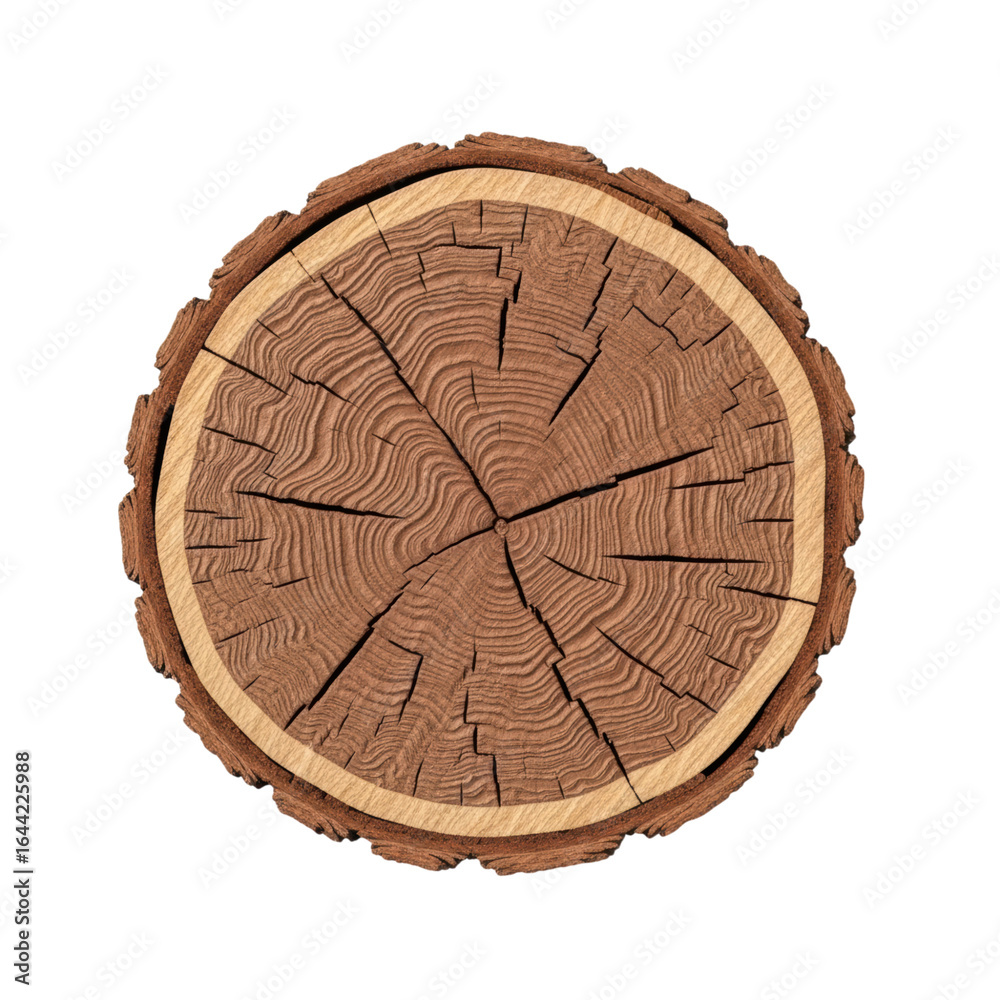 Cross section of tree trunk showing annual growth rings on transparent background Cross section of tree trunk showing annual growth rings on transparent background