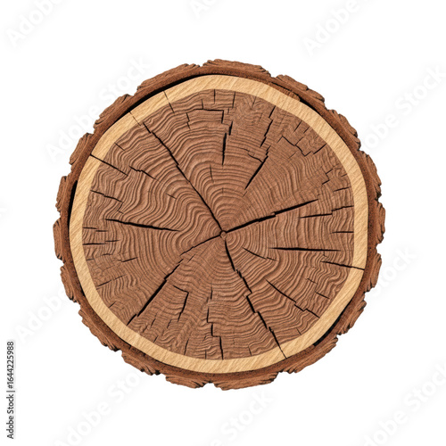 Cross section of tree trunk showing annual growth rings on transparent background