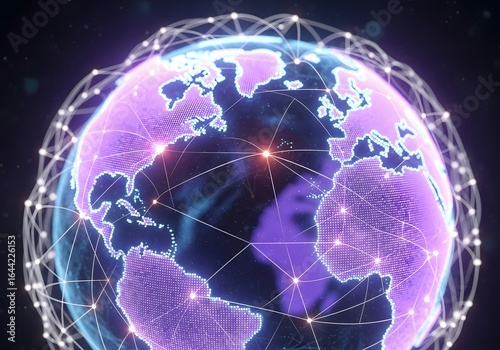 Global digital network connecting continents with glowing lines and nodes representing worldwide communication and data flow