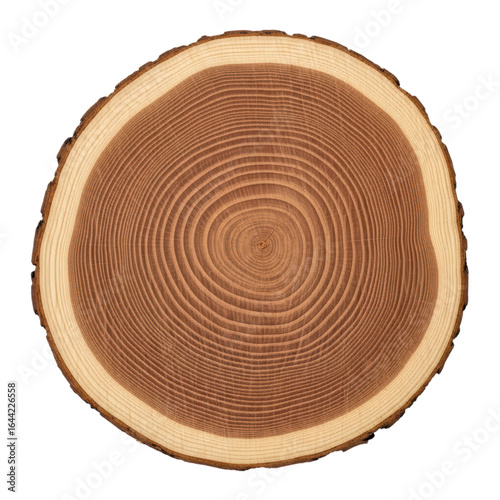 Cross-section of wooden tree trunk with concentric growth rings on transparent background