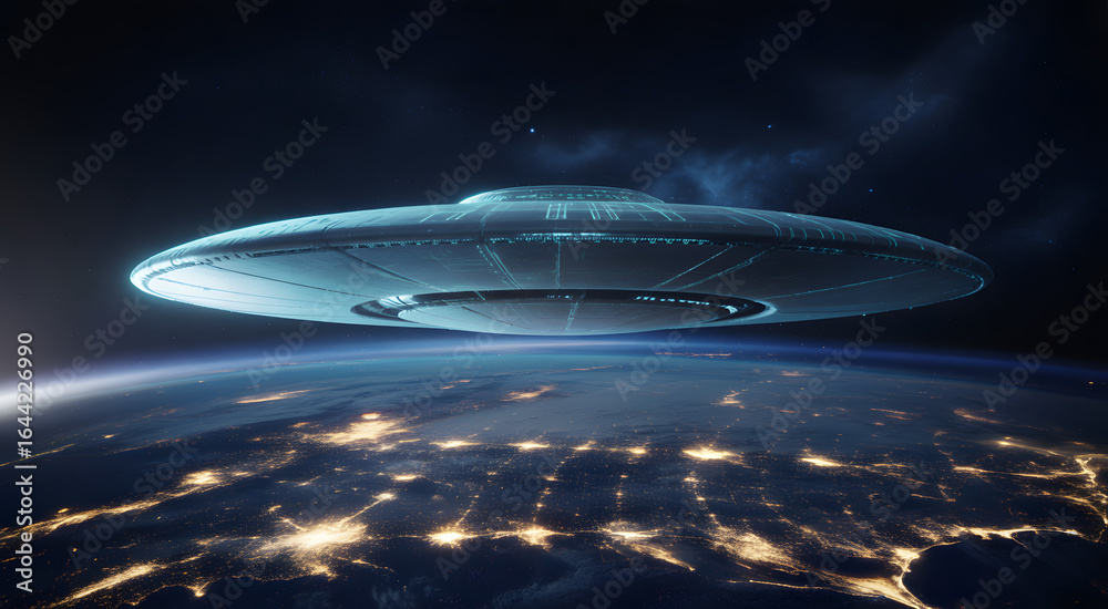 Obraz premium UFO over Earth: An alien craft hovers above the illuminated Earth, presenting a mesmerizing science fiction scene. Explore the mysteries of the cosmos.
