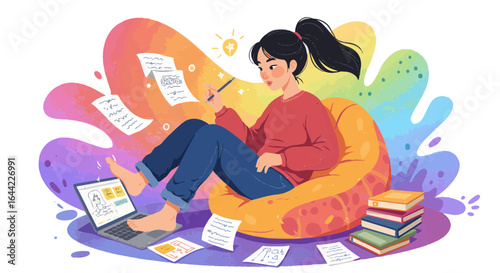 Young woman studying sitting on a beanbag with laptop and colorful books in cartoon illustration.