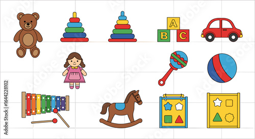 Illustration showing a collection of various children's toys including a teddy bear and building blocks