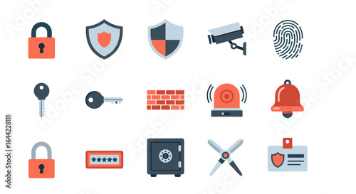 Collection of security and protection icons including locks shields cameras and identification cards