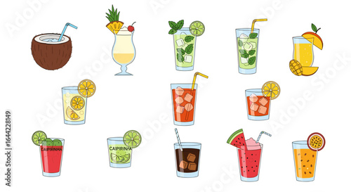 Illustration showing a variety of tropical cocktails and drinks with fruit garnish and straws in glasses