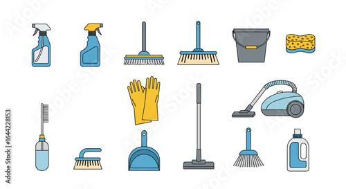 Illustration of various cleaning supplies including brooms, sprays, and vacuum cleaner isolated on white