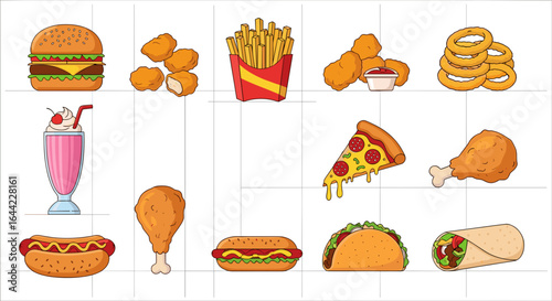 Various fast food items including a burger fries pizza and fried chicken displayed on a white background