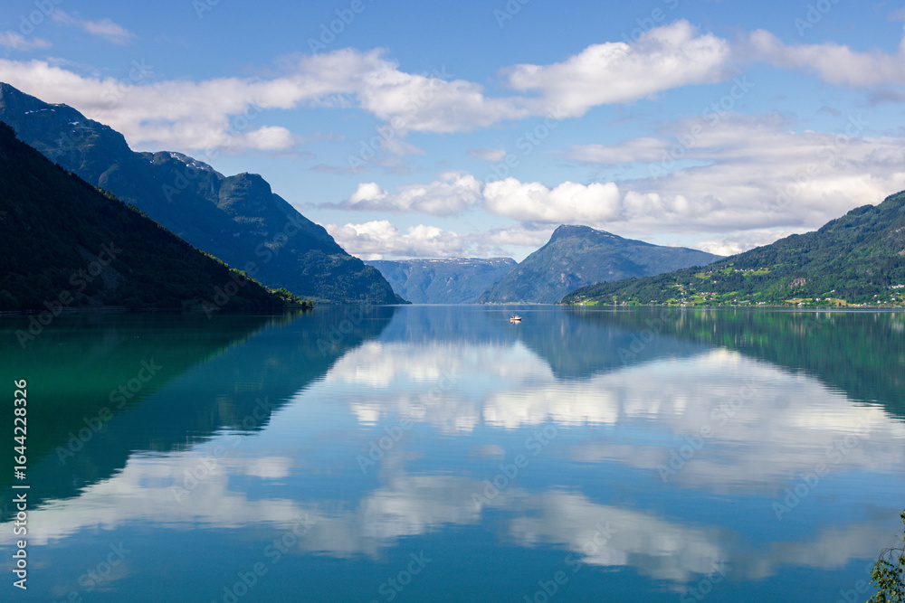 Fototapeta premium Beautiful view of lustrafjorden fjord in a sunny day near Gaupne (Norway)