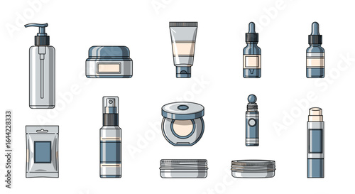 Illustration of various cosmetic containers including bottles tubes and jars arranged neatly on a white background