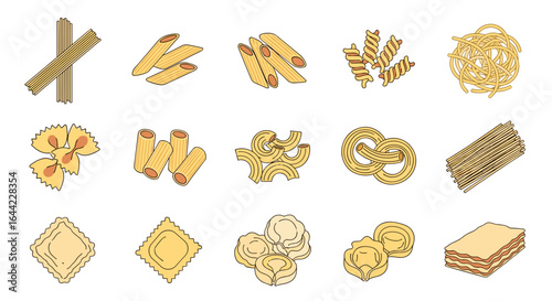 Illustration showing a variety of different types of pasta including spaghetti and lasagna sheets too