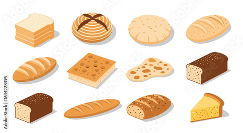 Isometric assortment of various types of bread including sliced loaf and crusty artisan bread on white