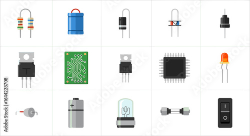 Illustration of various electronic components including resistors capacitors and semiconductors displayed