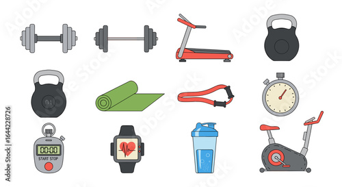 Illustration of fitness equipment including dumbbells treadmill and exercise bike on a white background