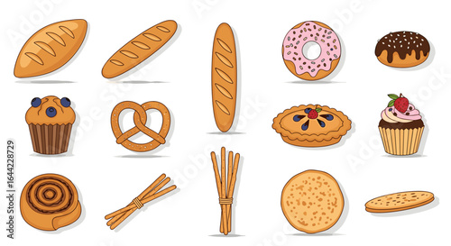 Illustration of various baked goods including breads pastries and desserts on a white background design