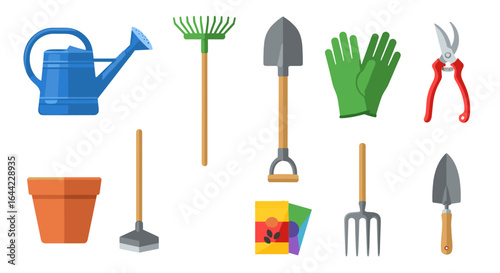 Illustration of gardening tools including watering can shovel rake and other gardening equipment items