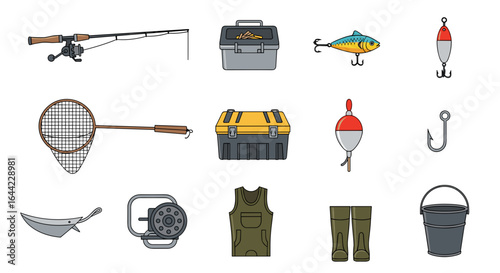 Illustration of fishing gear including a rod, tackle boxes, net, and various fishing accessories